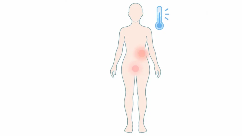 Body outline showing where UTI symptoms are felt, from bladder pain in the pelvis to kidney pain in the back with fever