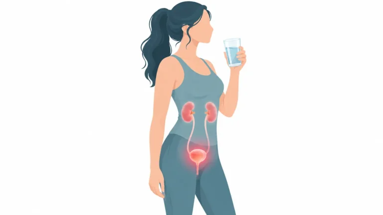 Woman holding a glass of water with an outline of the urinary tract showing an infection in the bladder