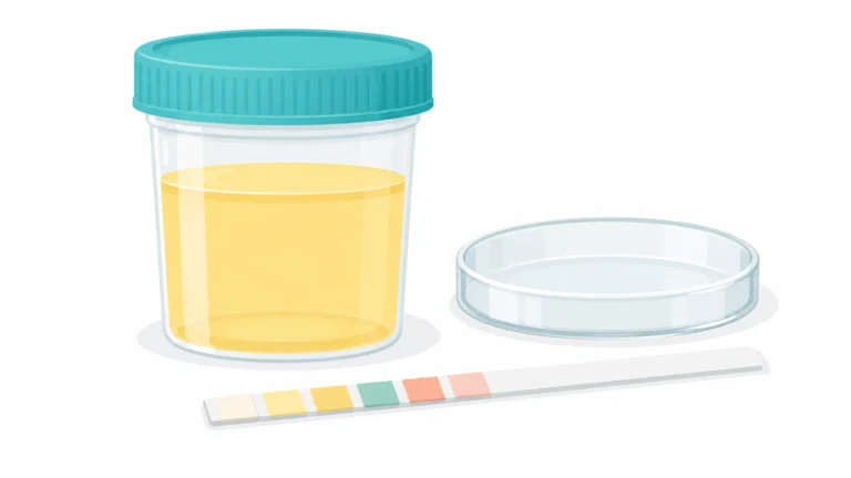 Urine cup, dipstick test strip and lab dish, showing the main types of UTI test