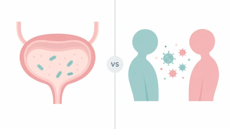 Bladder with bacteria on one side and two figures with microbes between them on the other, comparing a UTI with an STD