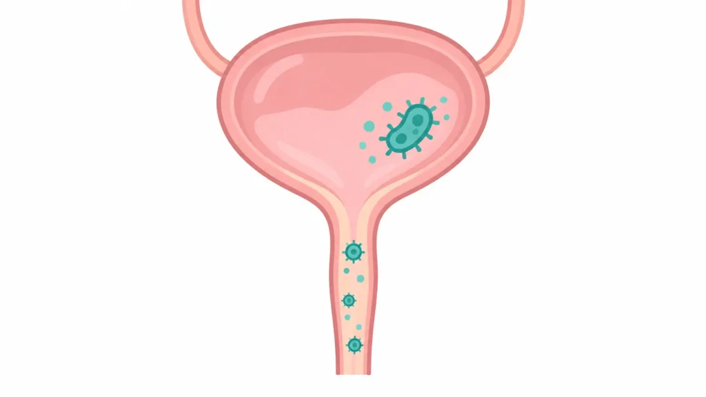 Outline of the bladder and urethra showing a UTI in the bladder and an STI inflaming the urethra