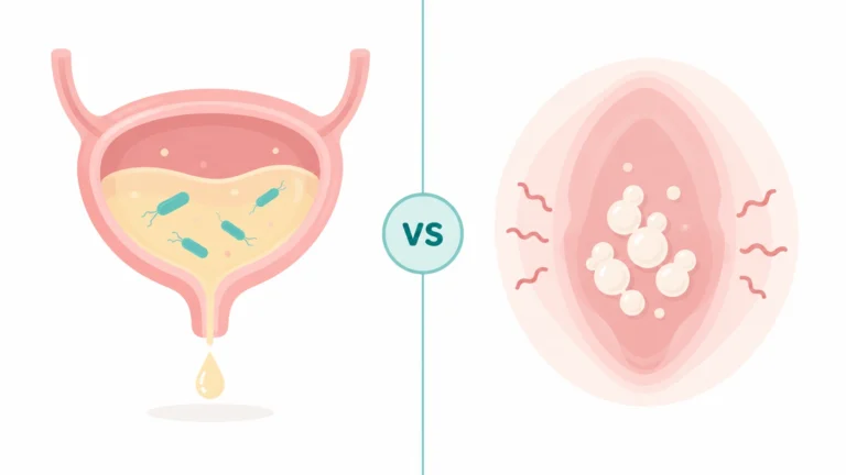 Side-by-side illustration of a bladder with bacteria for a UTI and yeast cells with itch lines for a yeast infection