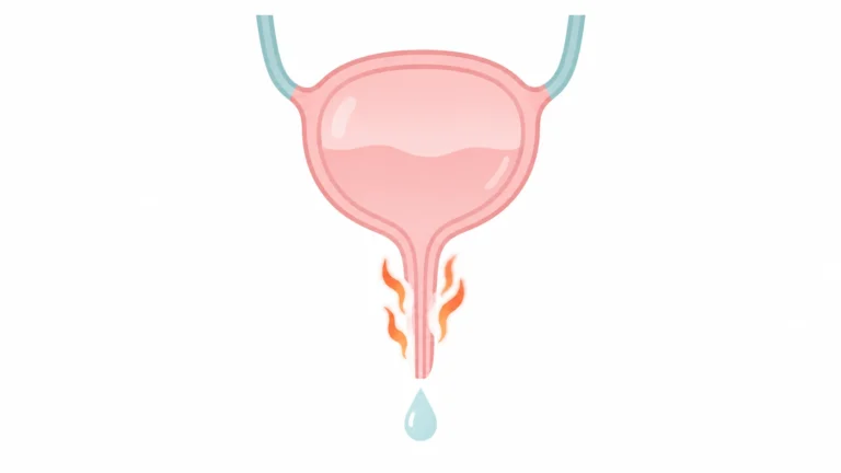 Illustration of the bladder and urethra with small flame marks showing burning during urination
