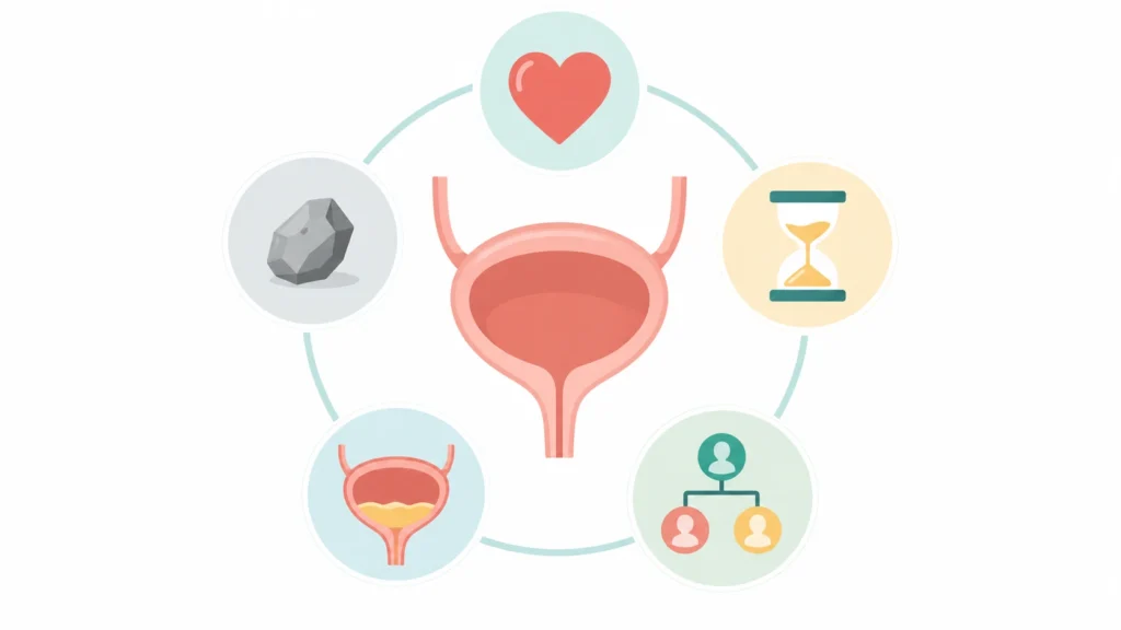 Bladder surrounded by icons for sex, menopause, family history, incomplete emptying and stones, showing why UTIs keep coming back