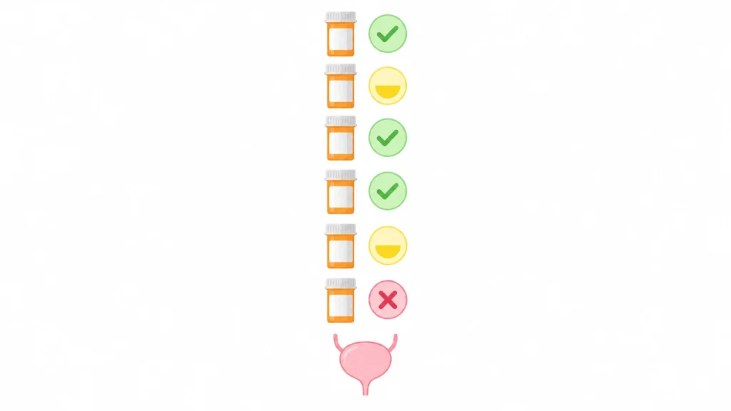 Pill bottles marked with check, partial and cross symbols, showing which antibiotics treat a UTI and which don’t